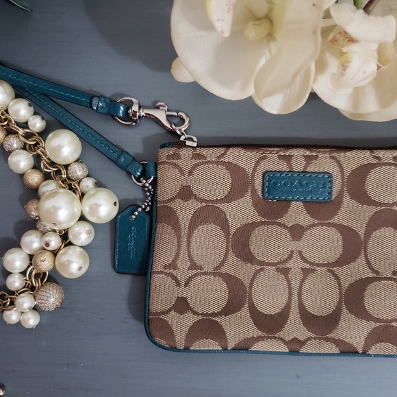Coach Handbags - Coach Wristlet Brown with Teal trim